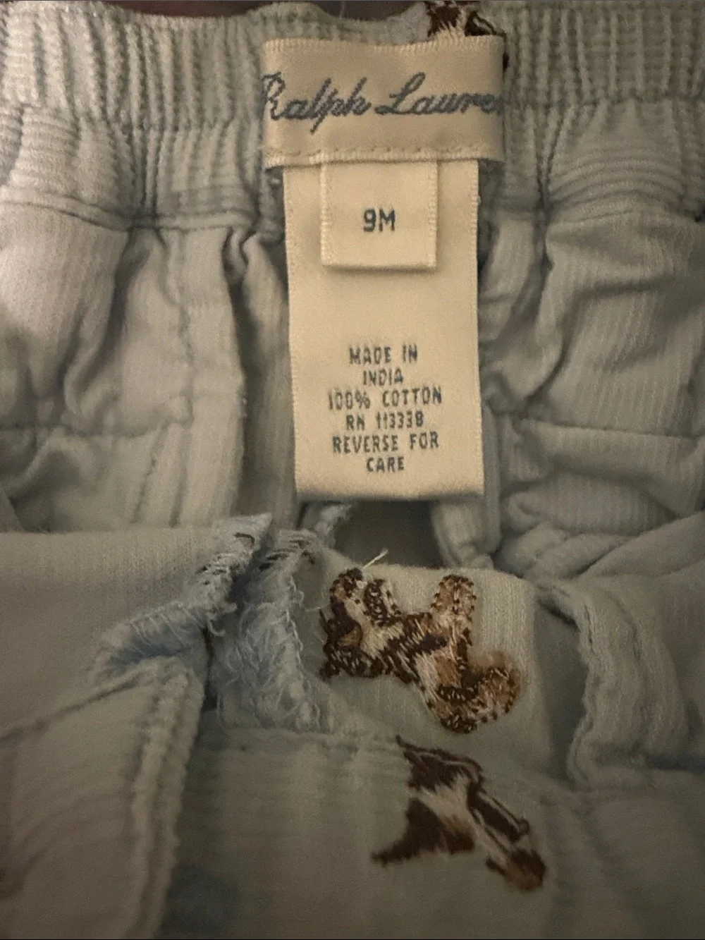 Ralph Lauren Light Blue Corduroy Embroidered Dog Shorts with Stripe Belt-9 Month